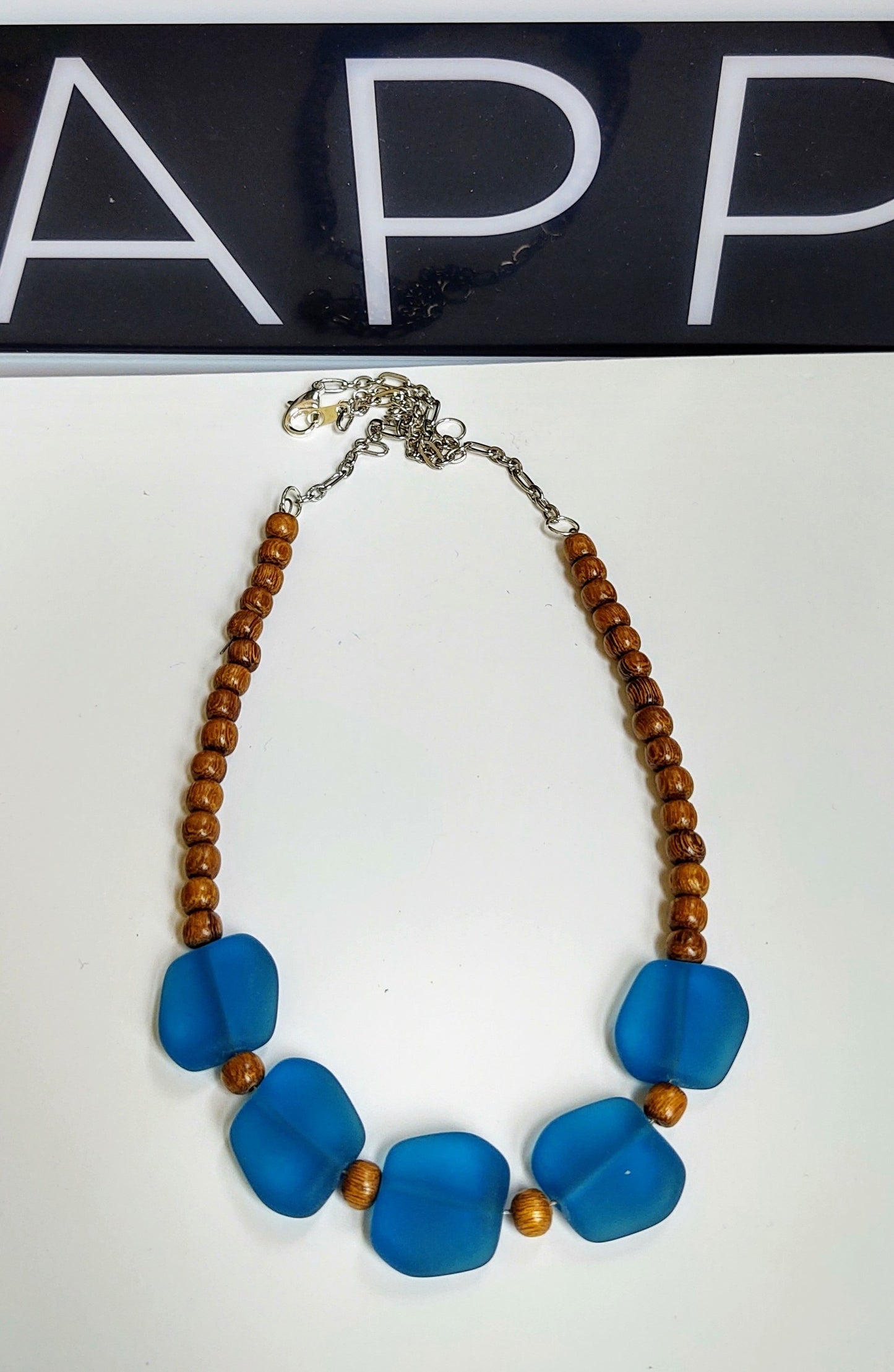 Peacock Glass and Wood necklace {from Summer '20)