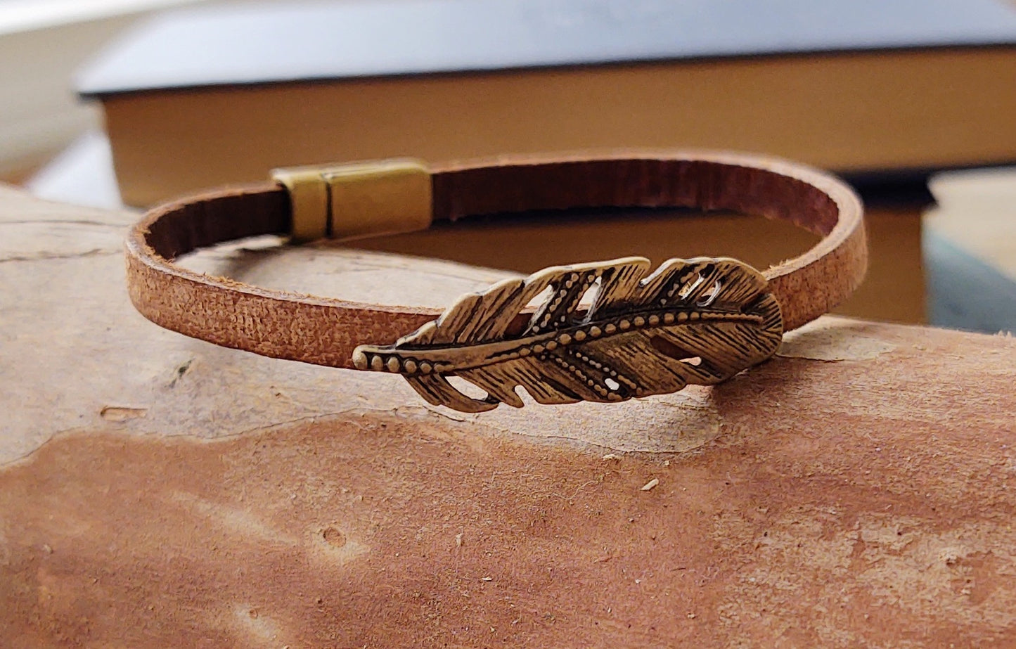 Vintage Leather Bracelet {brass feather}